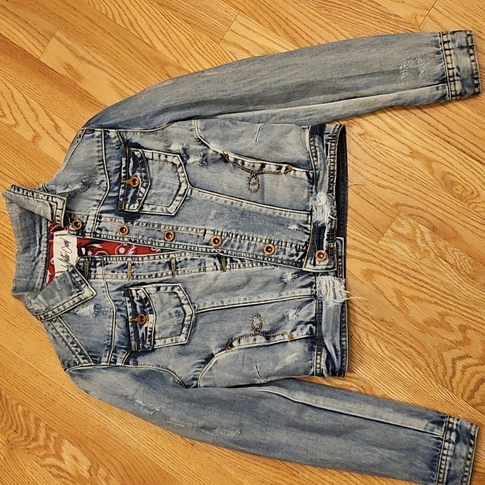 NEW White Crow  Bandana Distressed denim Jean Jacket Size small
